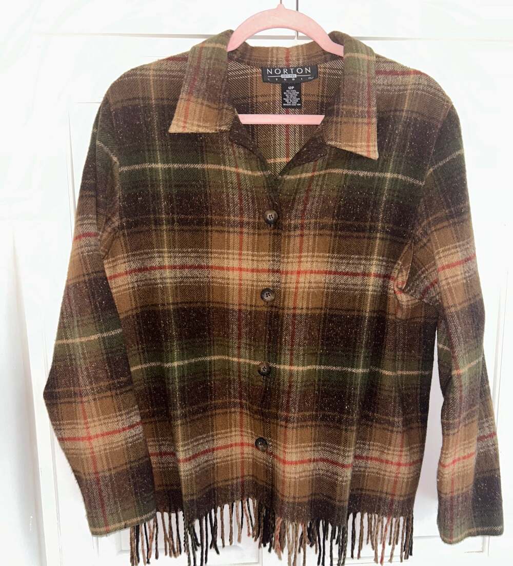 Norton Studio Petites Wool Blend Plaid Button-Up Fringe Hem Jacket